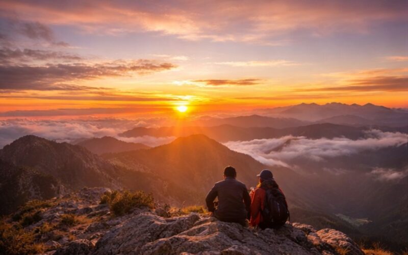 Group of hikers enjoying a scenic mountain sunrise, with a couple admiring the view and an elderly man sharing wisdom on the trail, capturing adventure and personal growth moments.