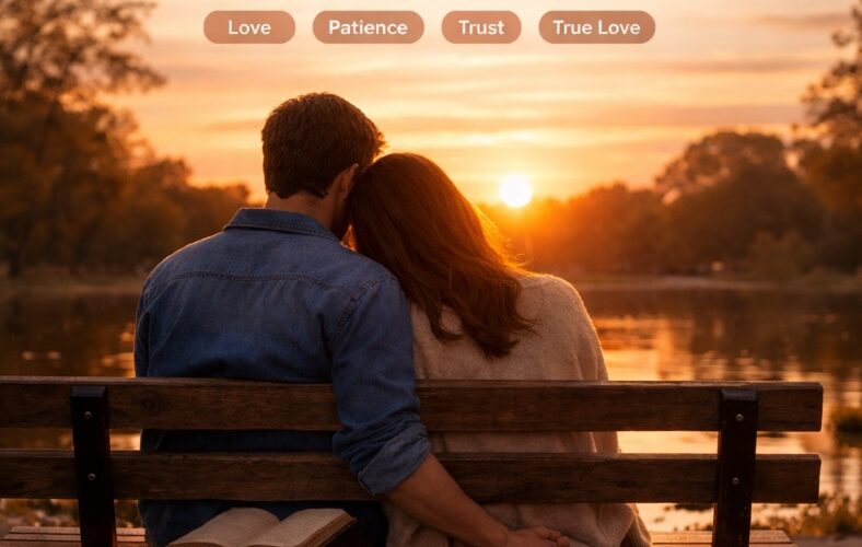 meaningful love story couple sitting on park bench at sunset showing patience and true love